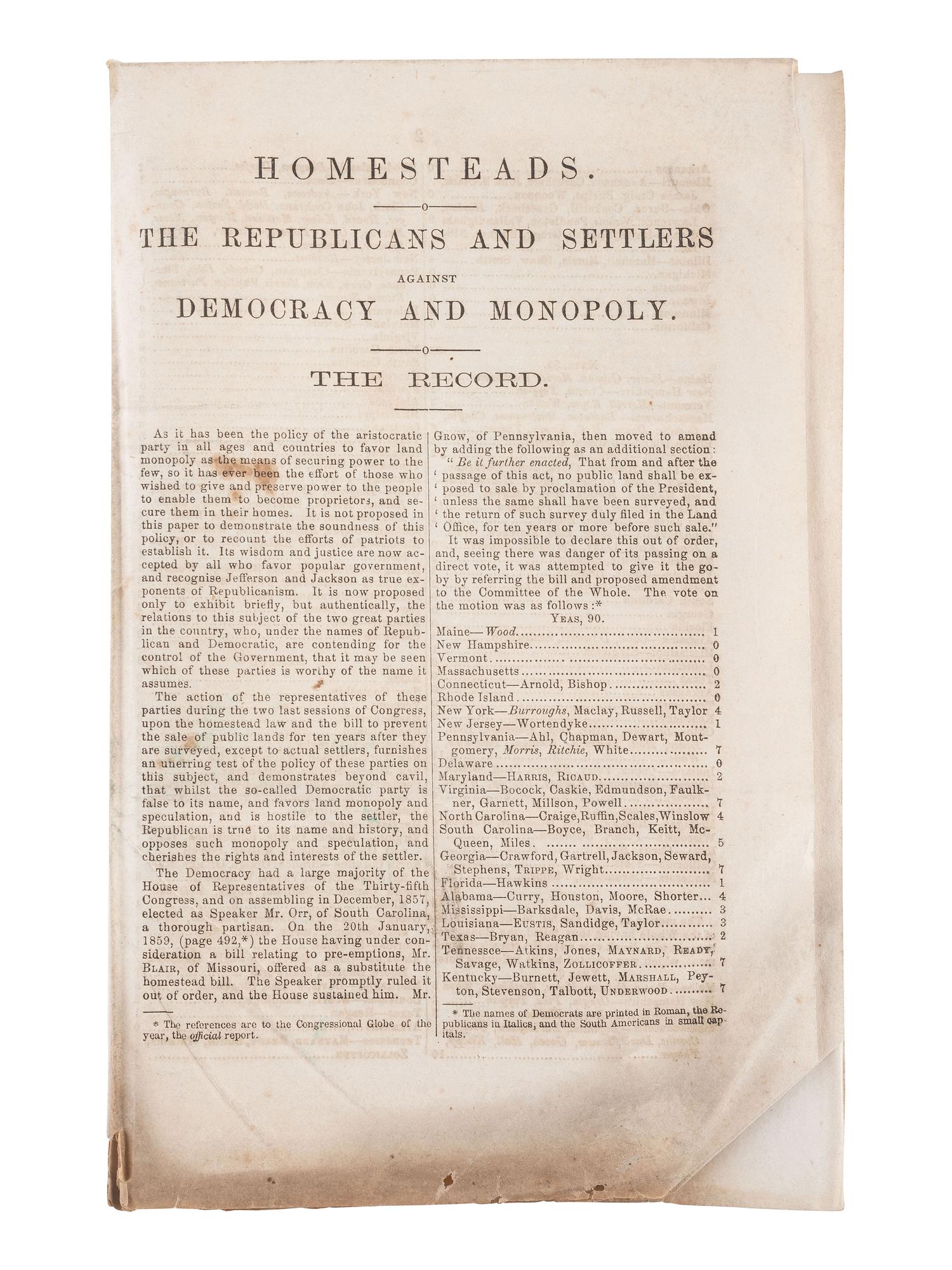 [POLITICS] -- [AFRICAN AMERICANA]. Republican Platform, Adopted by the Chicago Convention, May 1860.