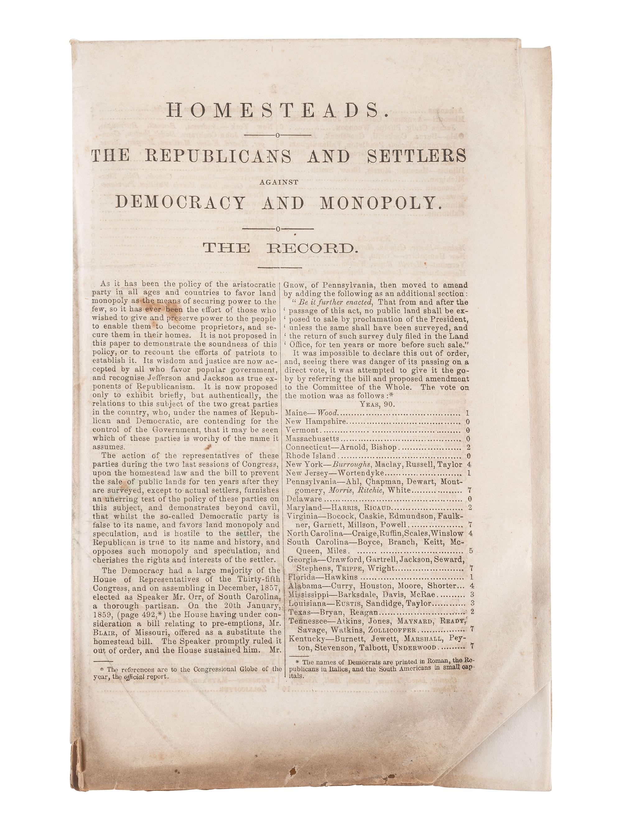 [POLITICS] -- [AFRICAN AMERICANA]. Republican Platform, Adopted by the Chicago Convention, May 1860.