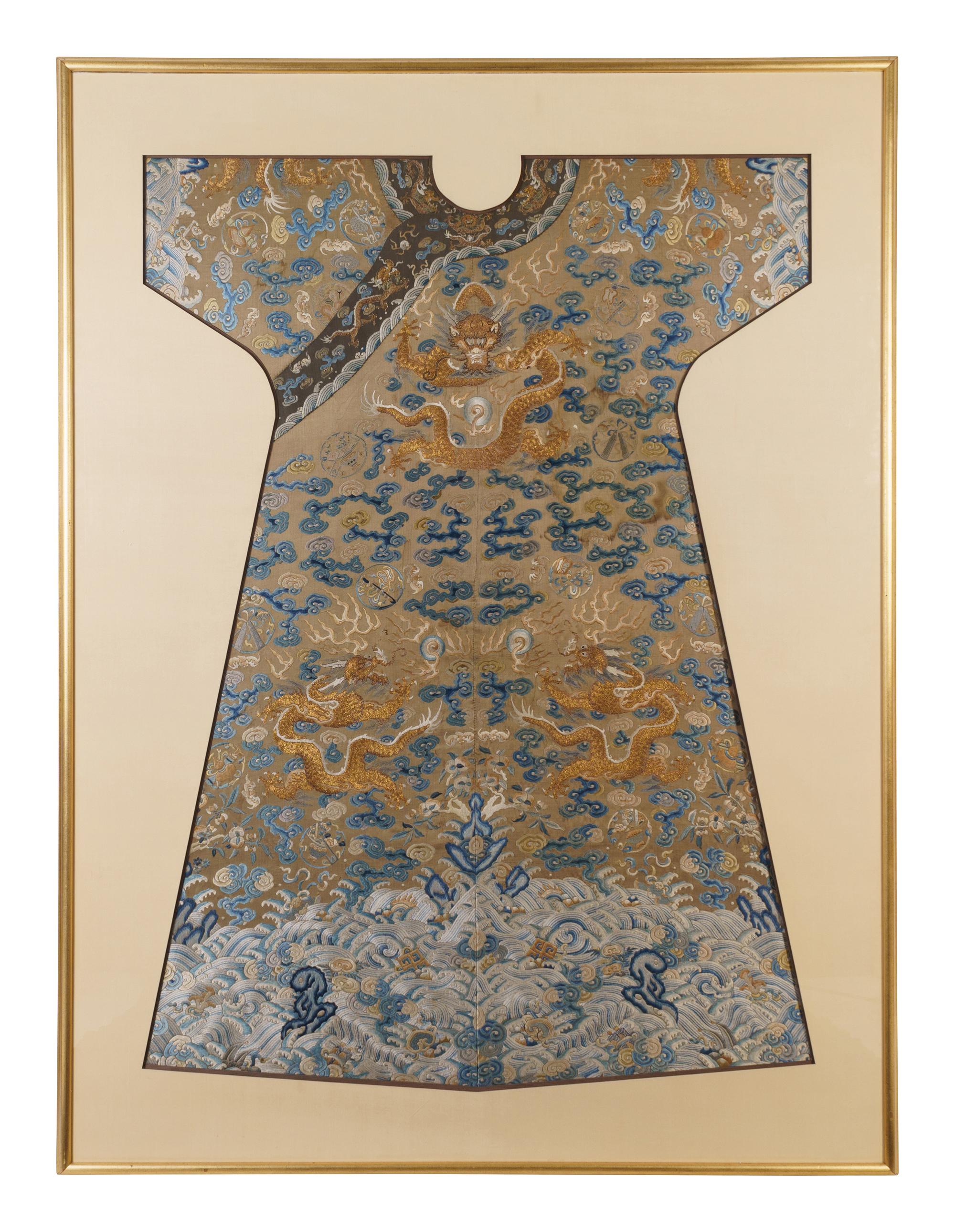 A Pale Brown Ground Embroidered Silk Dragon Robe, Jifu