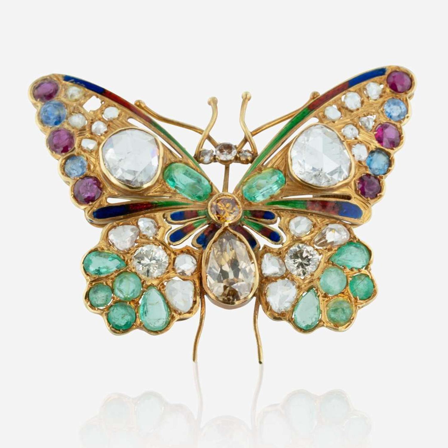 A Colored Diamond, Gemstone, and 18K Gold Brooch