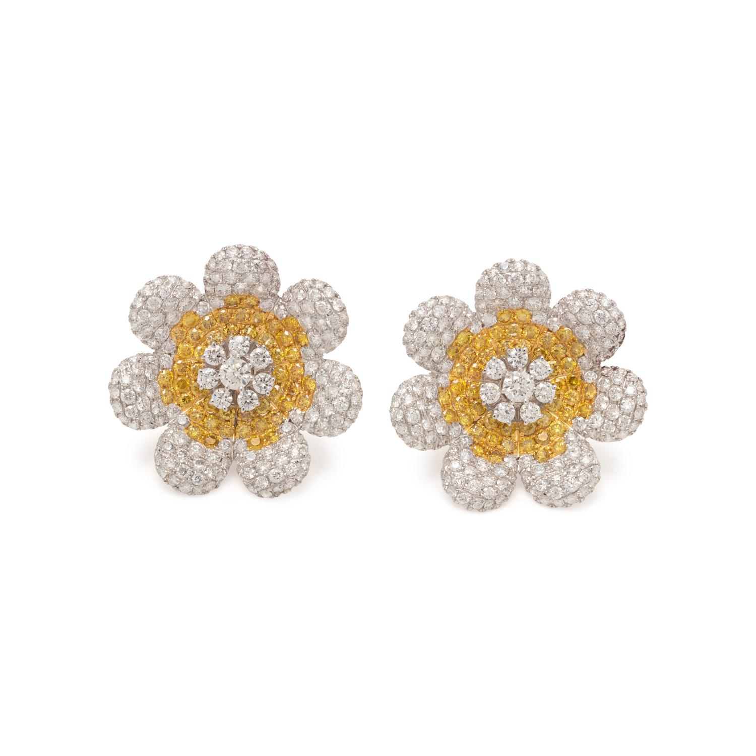 DIAMOND AND COLORED DIAMOND FLOWER EARCLIPS