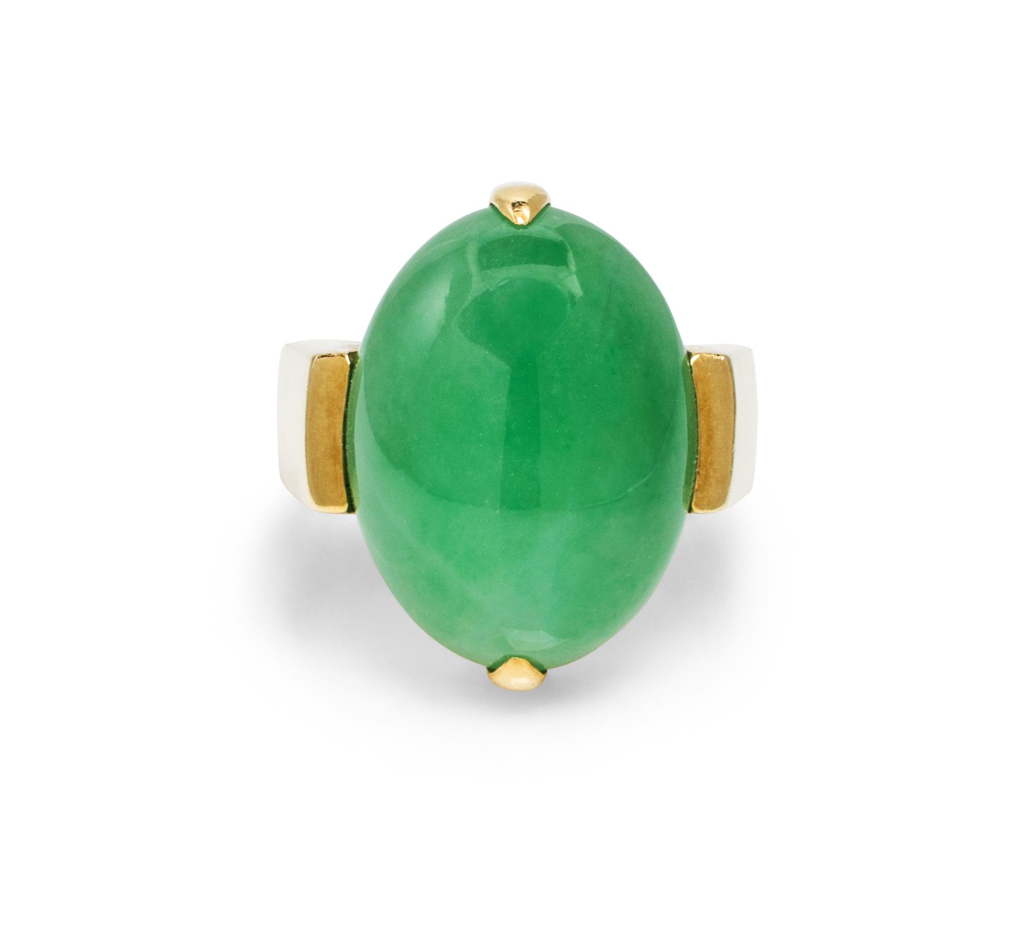 An 18 Karat Yellow Gold and Jadeite Ring, Gump's, 11.00 dwts.