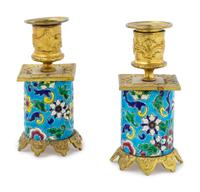 A Pair of Longwy Gilt Metal Mounted Ceramic Candlesticks