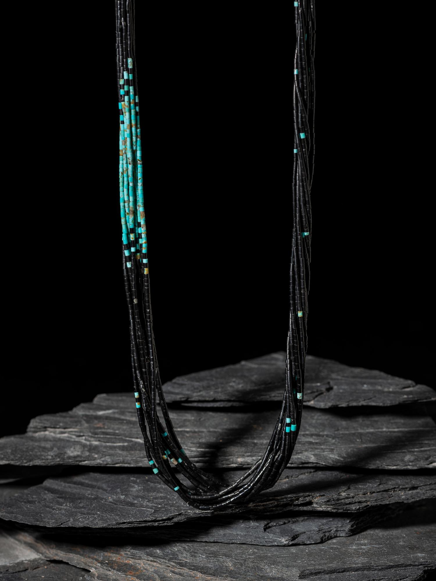 Rolled Turquoise and Onyx Ten-strand Necklace