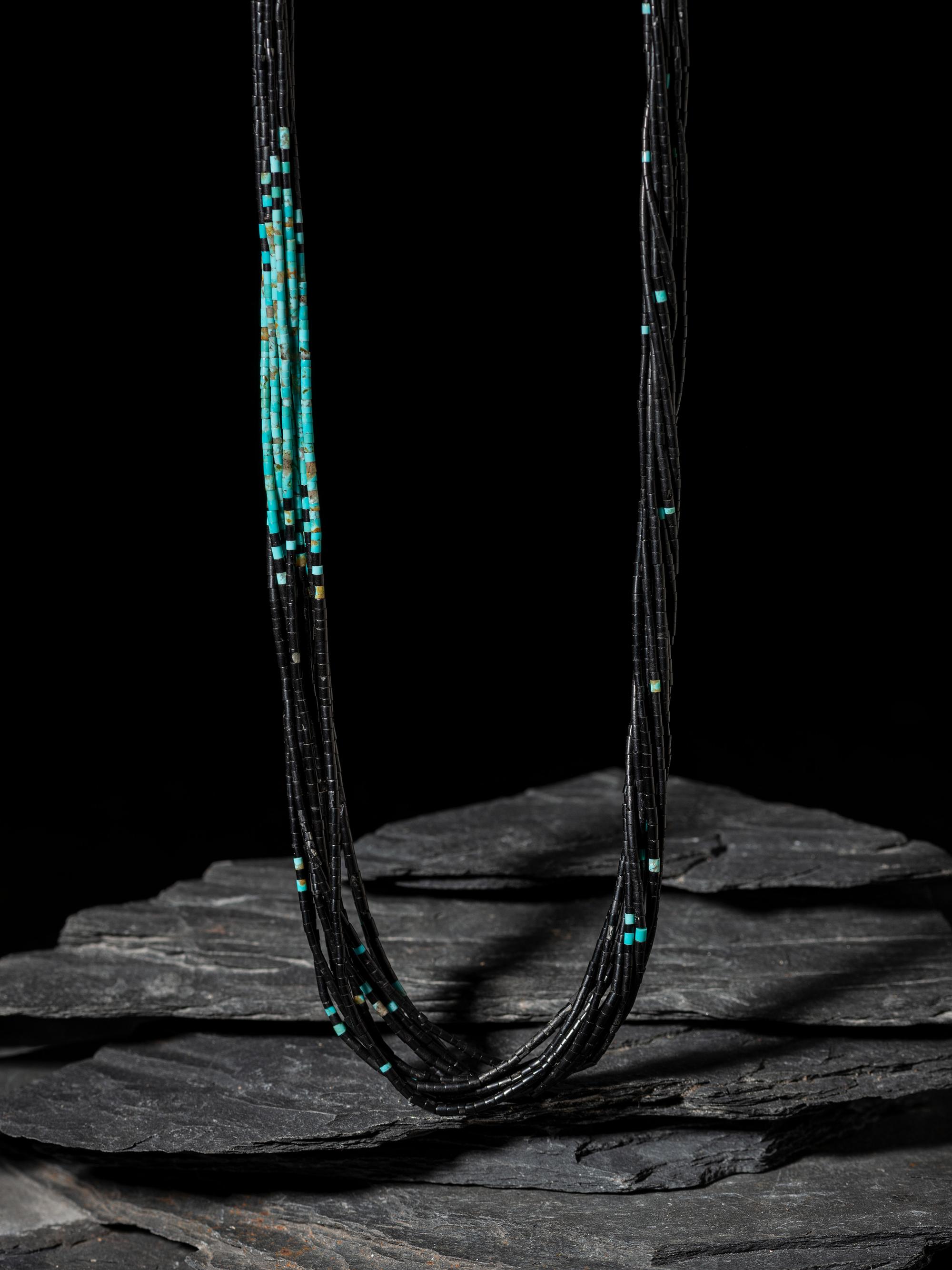 Rolled Turquoise and Onyx Ten-strand Necklace