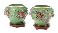 A Pair of Chinese Celadon Porcelain Jardinieres Height 16 1/2 x diameter 23 inches.