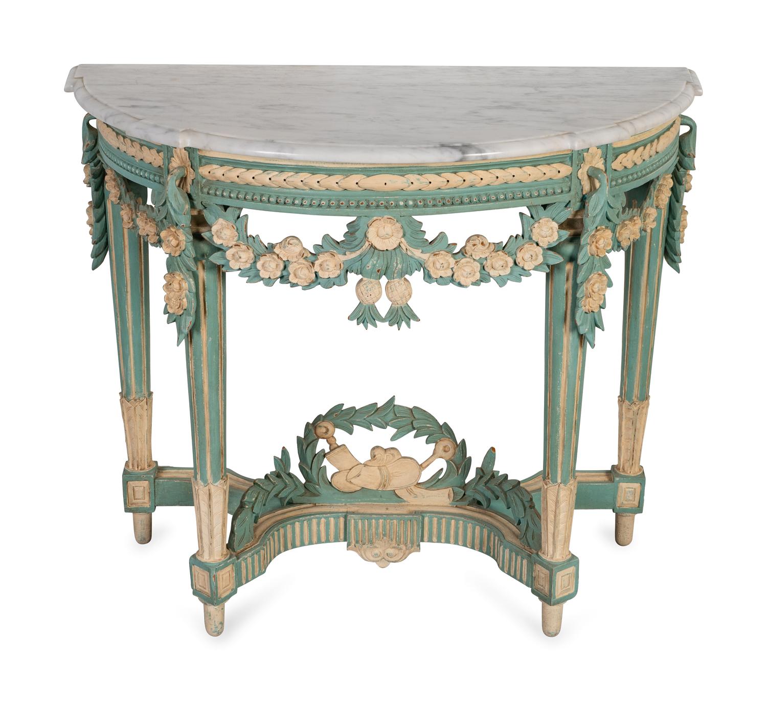 A Louis XVI Style Marble Top Polychromed Demi-lune Console — 20TH CENTURY