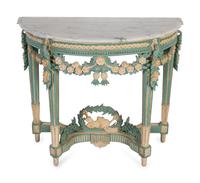 A Louis XVI Style Marble Top Polychromed Demi-lune Console — 20TH CENTURY