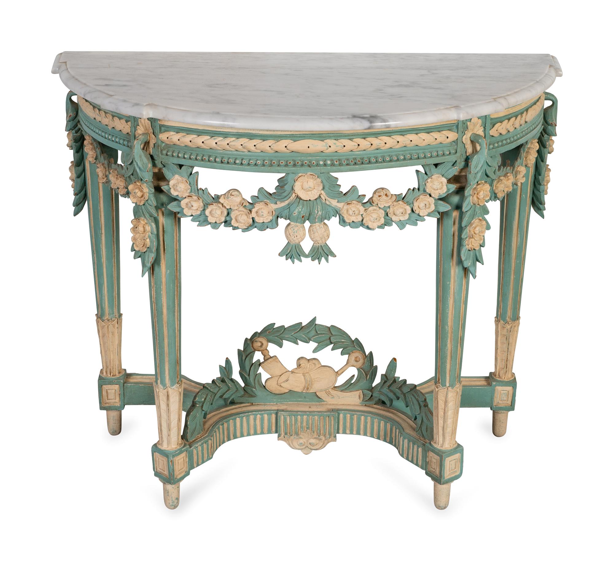 A Louis XVI Style Marble Top Polychromed Demi-lune Console — 20TH CENTURY