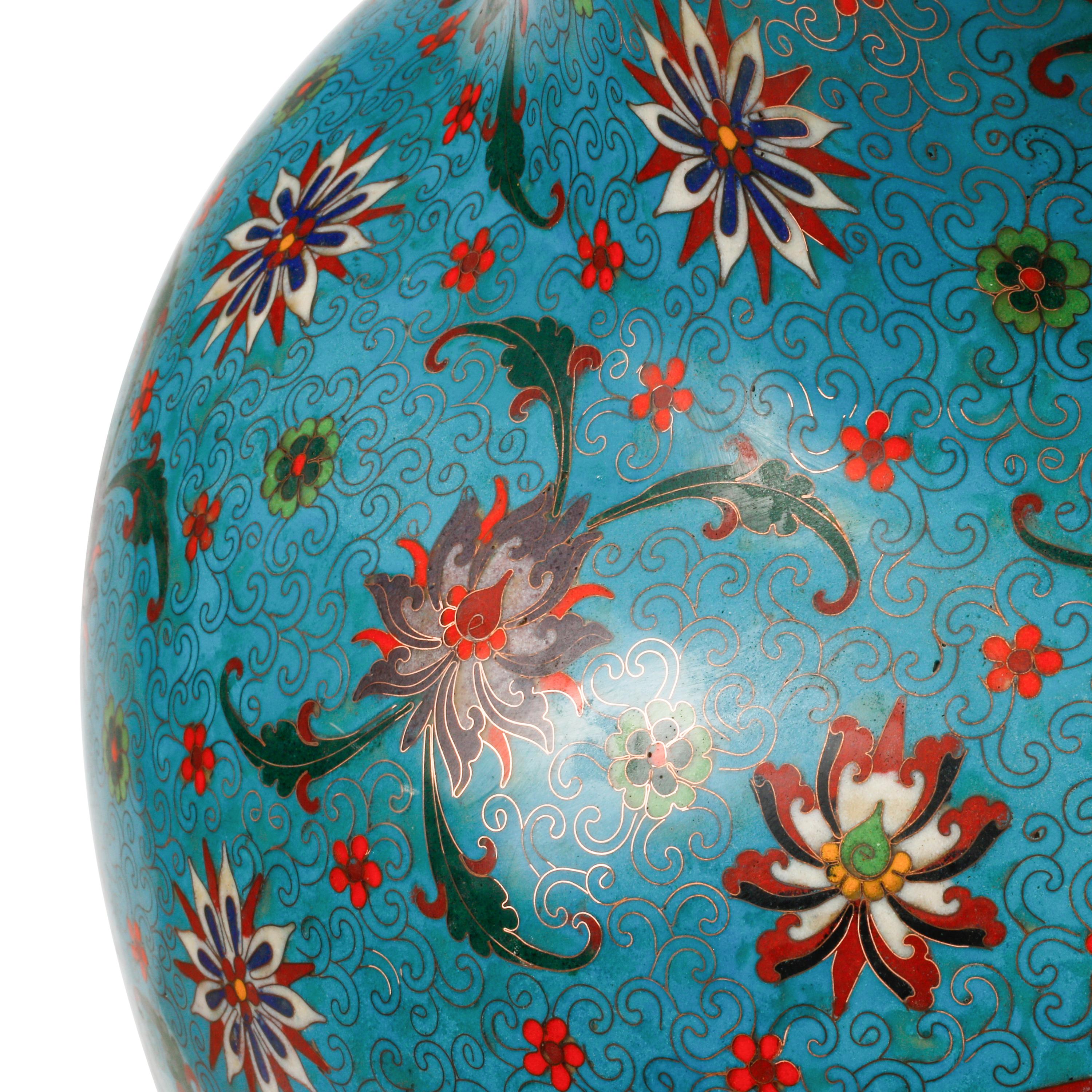 A Pair of Chinese Cloisonné-on-Porcelain Vases with Bronze Stands