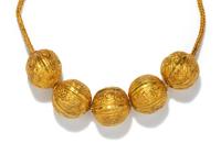 Five Etruscan Gold Spherical Beads with Scrolling Tendrils and Vegetation — with a gold chain