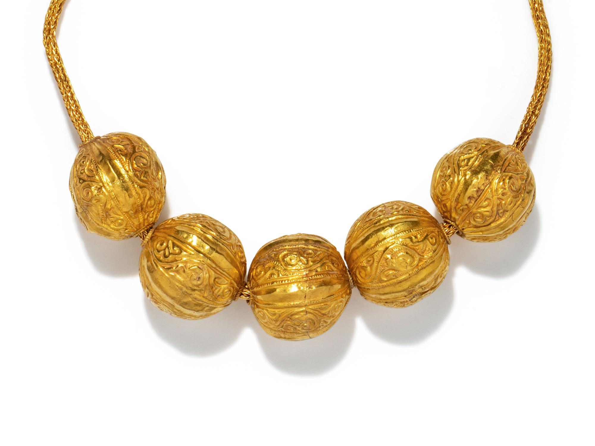 Five Etruscan Gold Spherical Beads with Scrolling Tendrils and Vegetation — with a gold chain