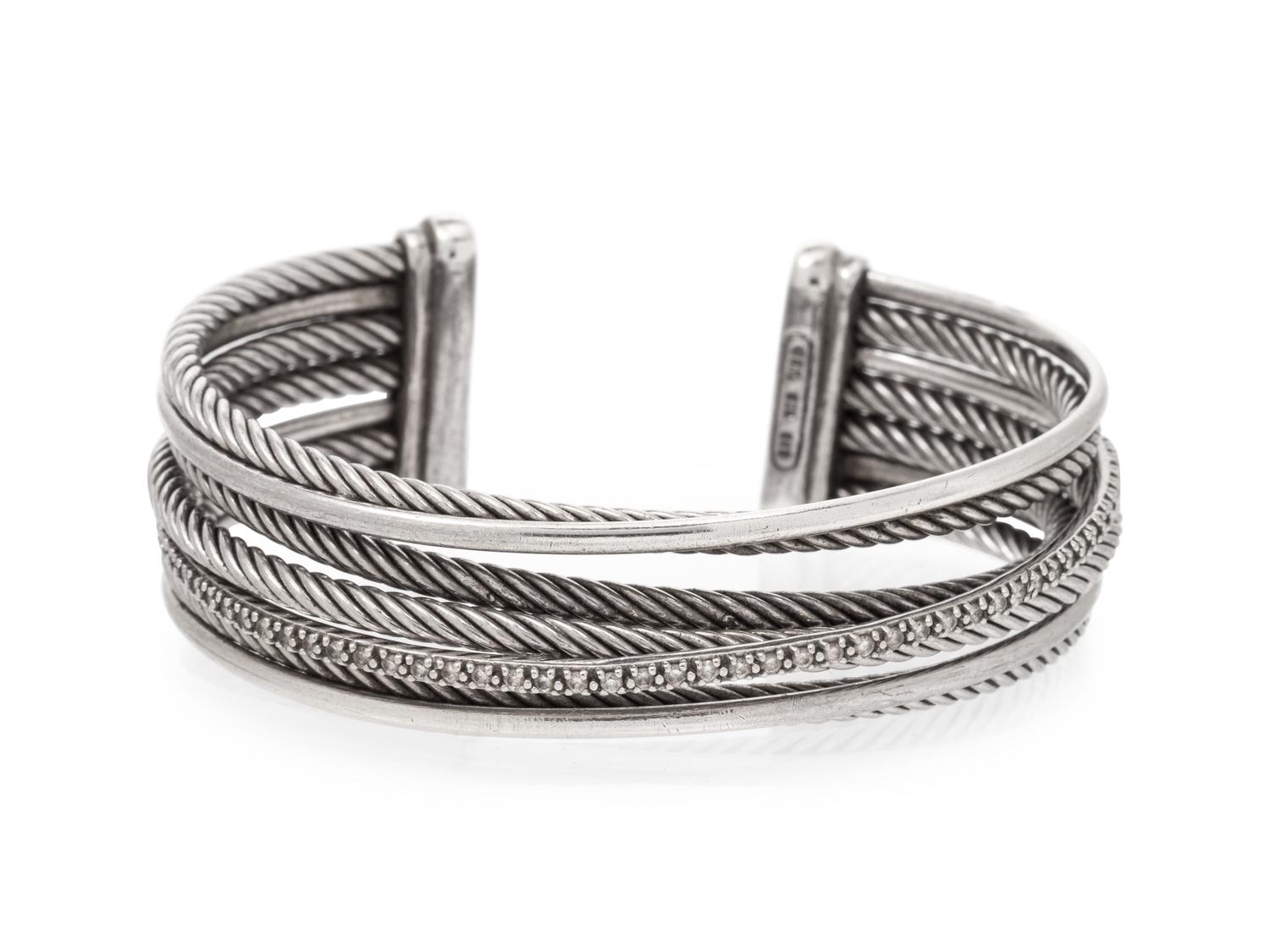 A Sterling Silver, 14 Karat White Gold and Diamond 'Crossover' Cuff Bracelet, David Yurman,