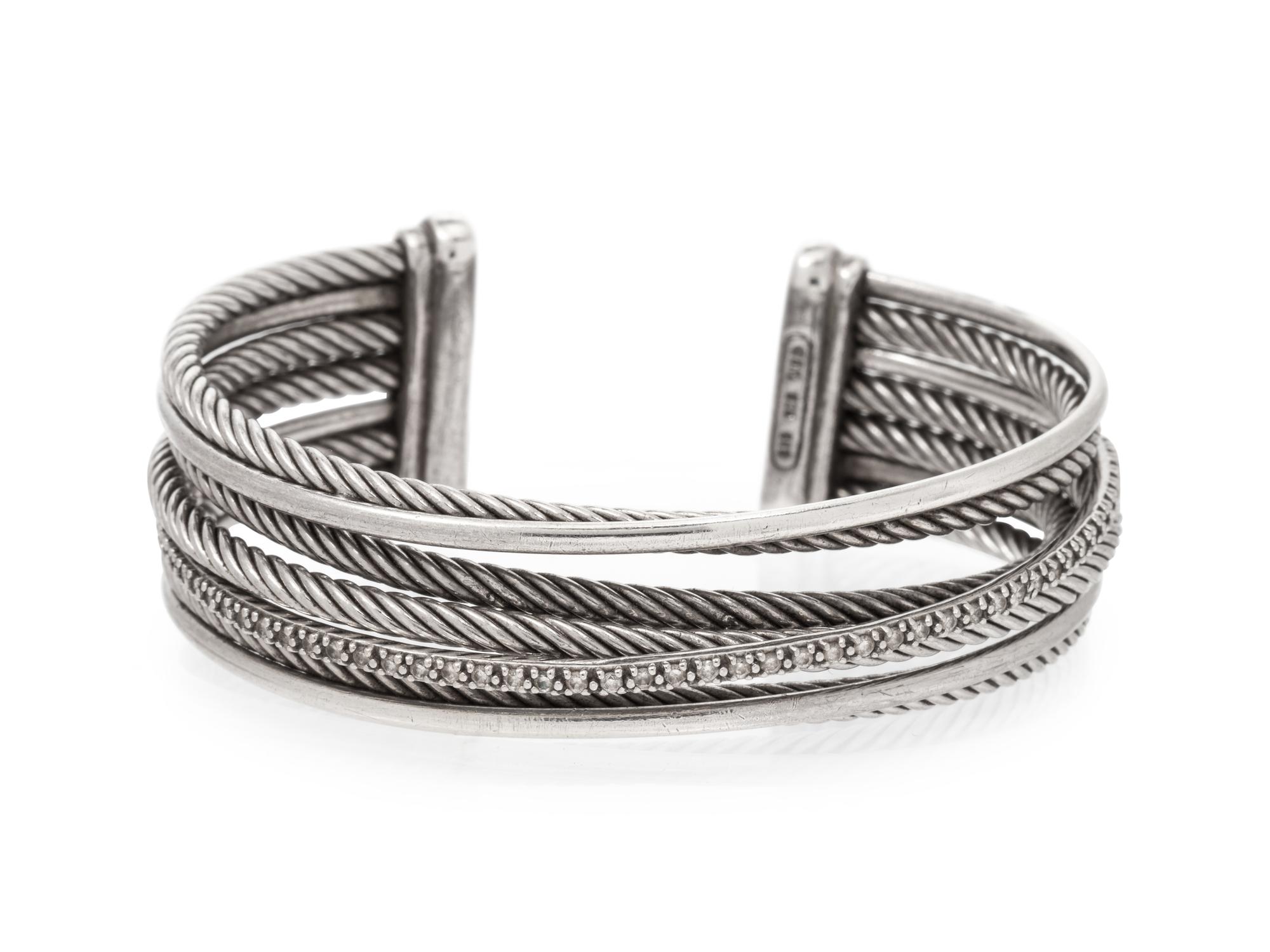 A Sterling Silver, 14 Karat White Gold and Diamond 'Crossover' Cuff Bracelet, David Yurman,