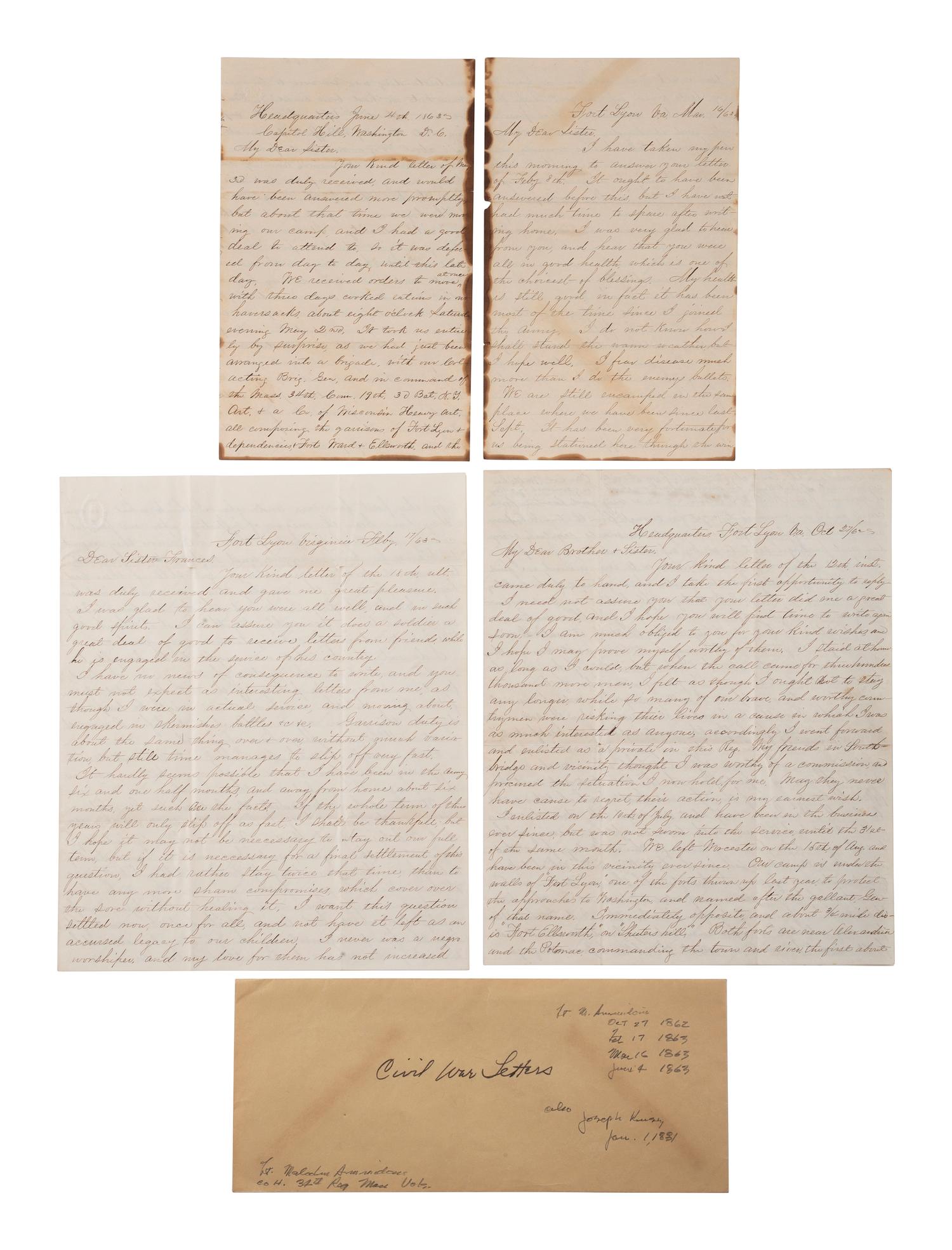 [CIVIL WAR]. A group of 4 letters written by Lieutenant Malcom Ammidon, Companies H & C, 34th Massachusetts, with Lincoln and slavery content.