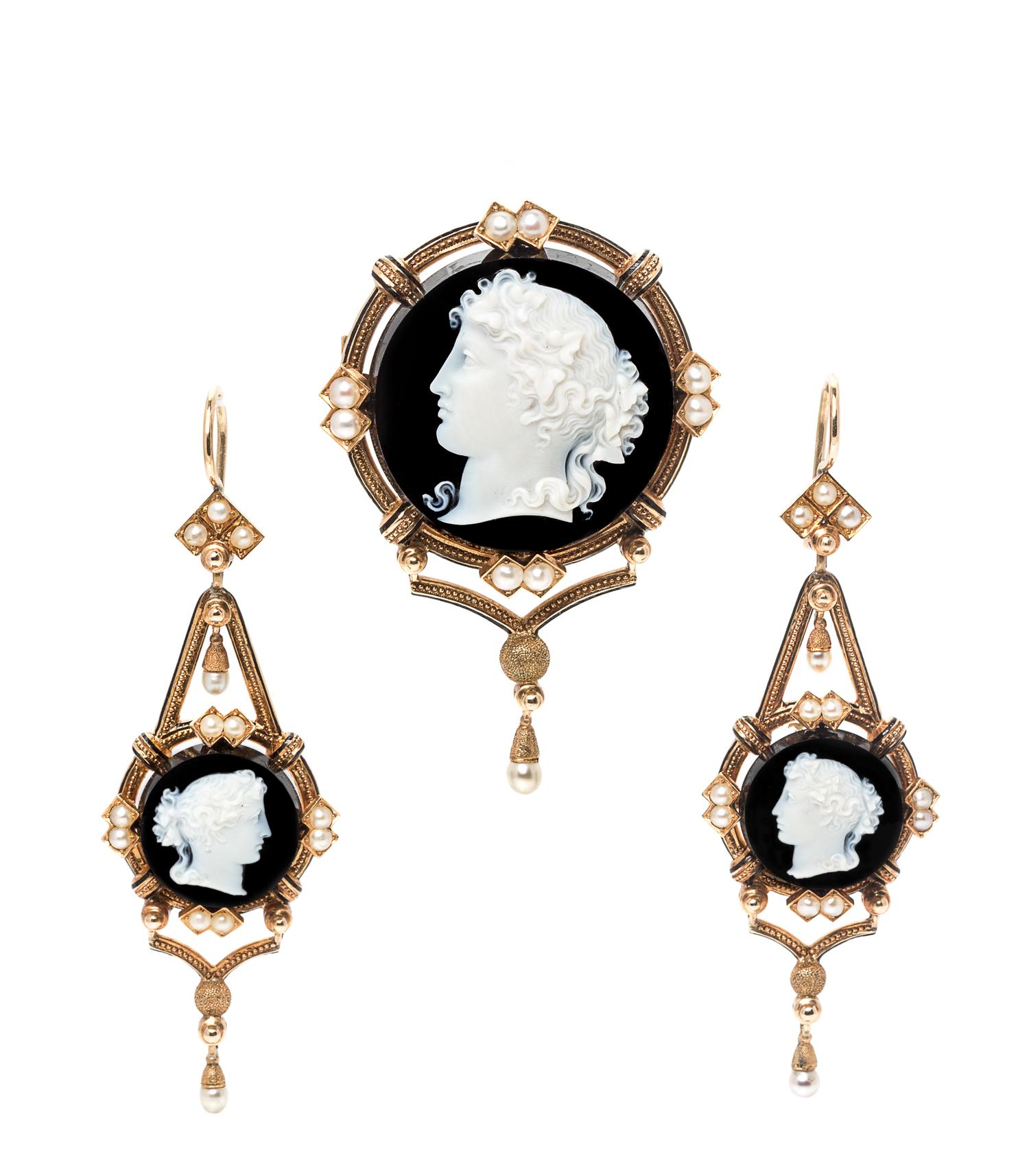 A Victorian Yellow Gold, Sardonyx Cameo, and Pearl Demi Parure, 19.50 dwts.