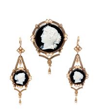 A Victorian Yellow Gold, Sardonyx Cameo, and Pearl Demi Parure, 19.50 dwts.