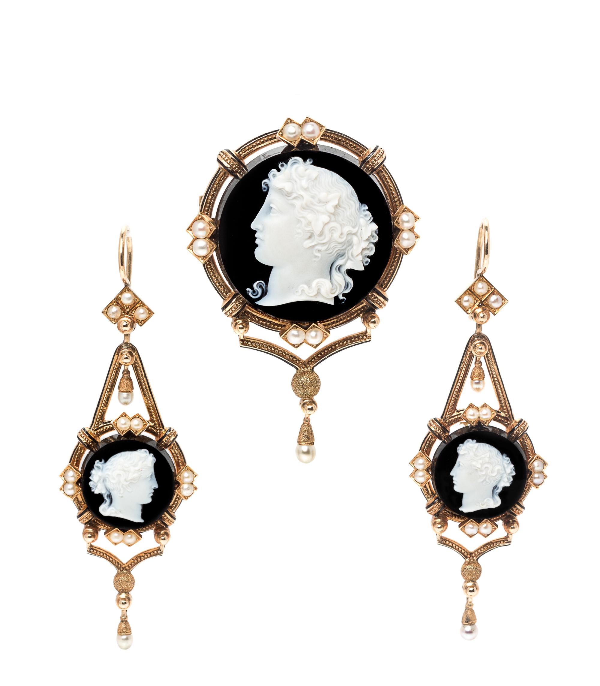 A Victorian Yellow Gold, Sardonyx Cameo, and Pearl Demi Parure, 19.50 dwts.