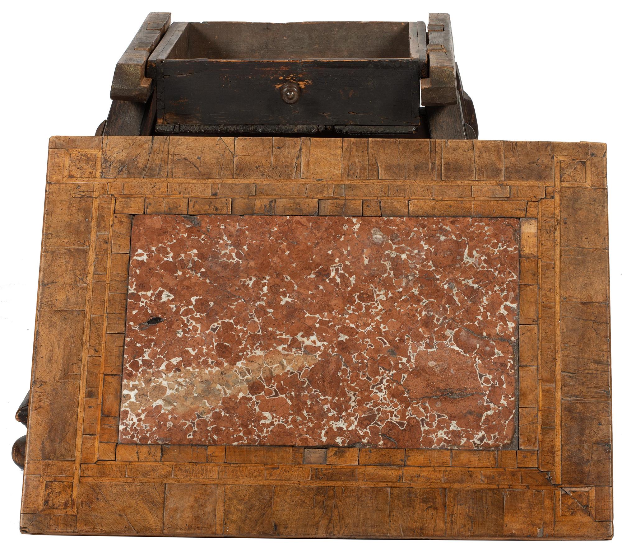 A Continental Marble-Inset Walnut and Oak Tavern Table