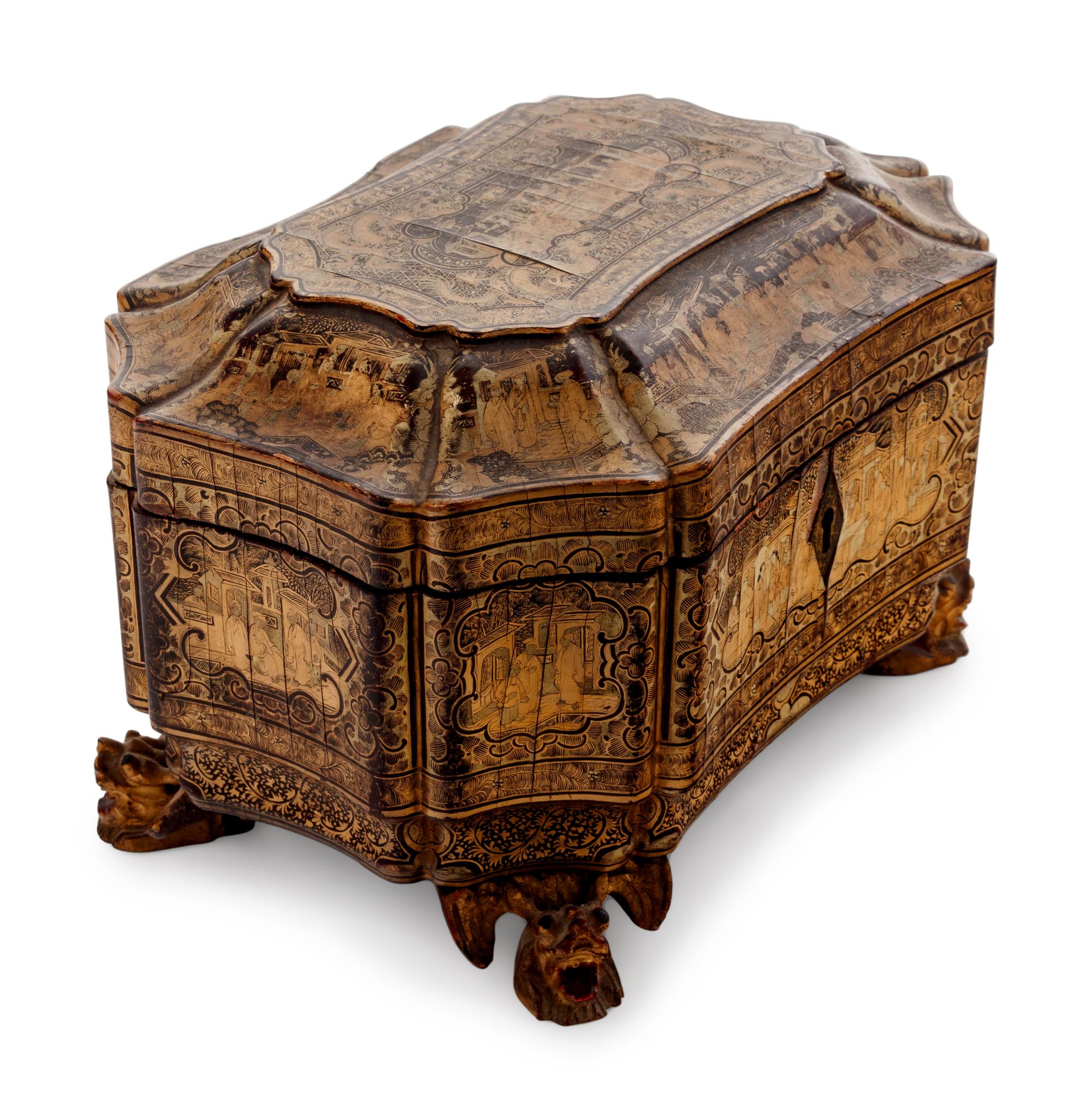 A Chinese Export Gilt Decorated Black Lacquer Tea Caddy