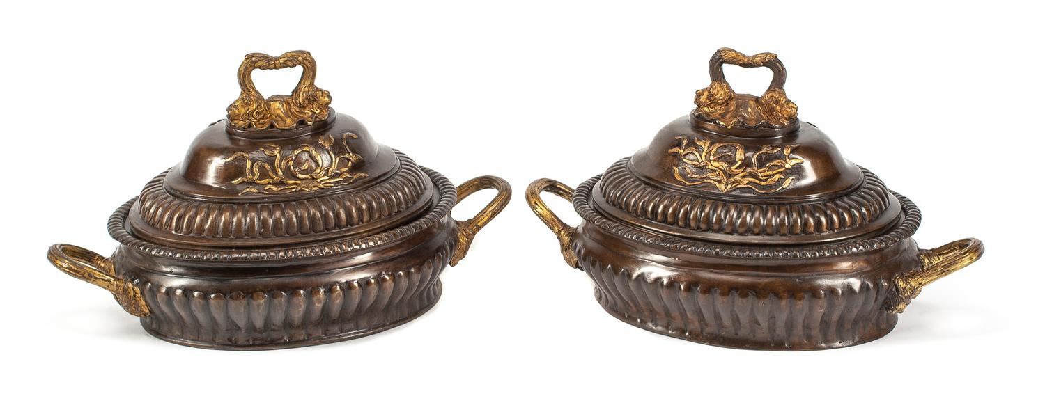 A Pair of Pompeiian Style Patinated and Gilt Bronze Covered Bowls Width 24 inches.