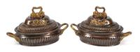 A Pair of Pompeiian Style Patinated and Gilt Bronze Covered Bowls Width 24 inches.