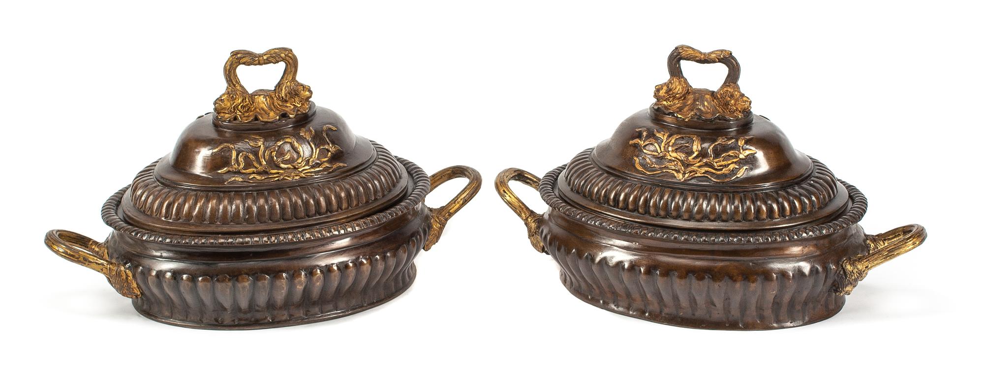 A Pair of Pompeiian Style Patinated and Gilt Bronze Covered Bowls Width 24 inches.