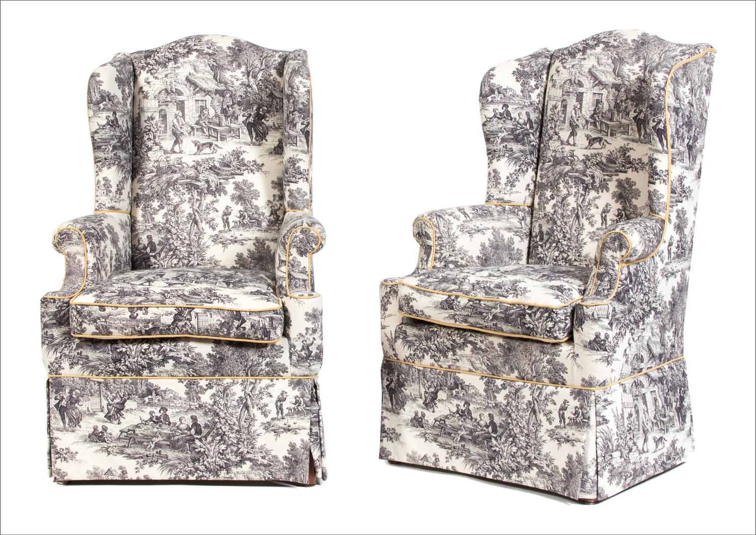 A Pair of Toile Upholstered Armchairs — 20TH CENTURY
