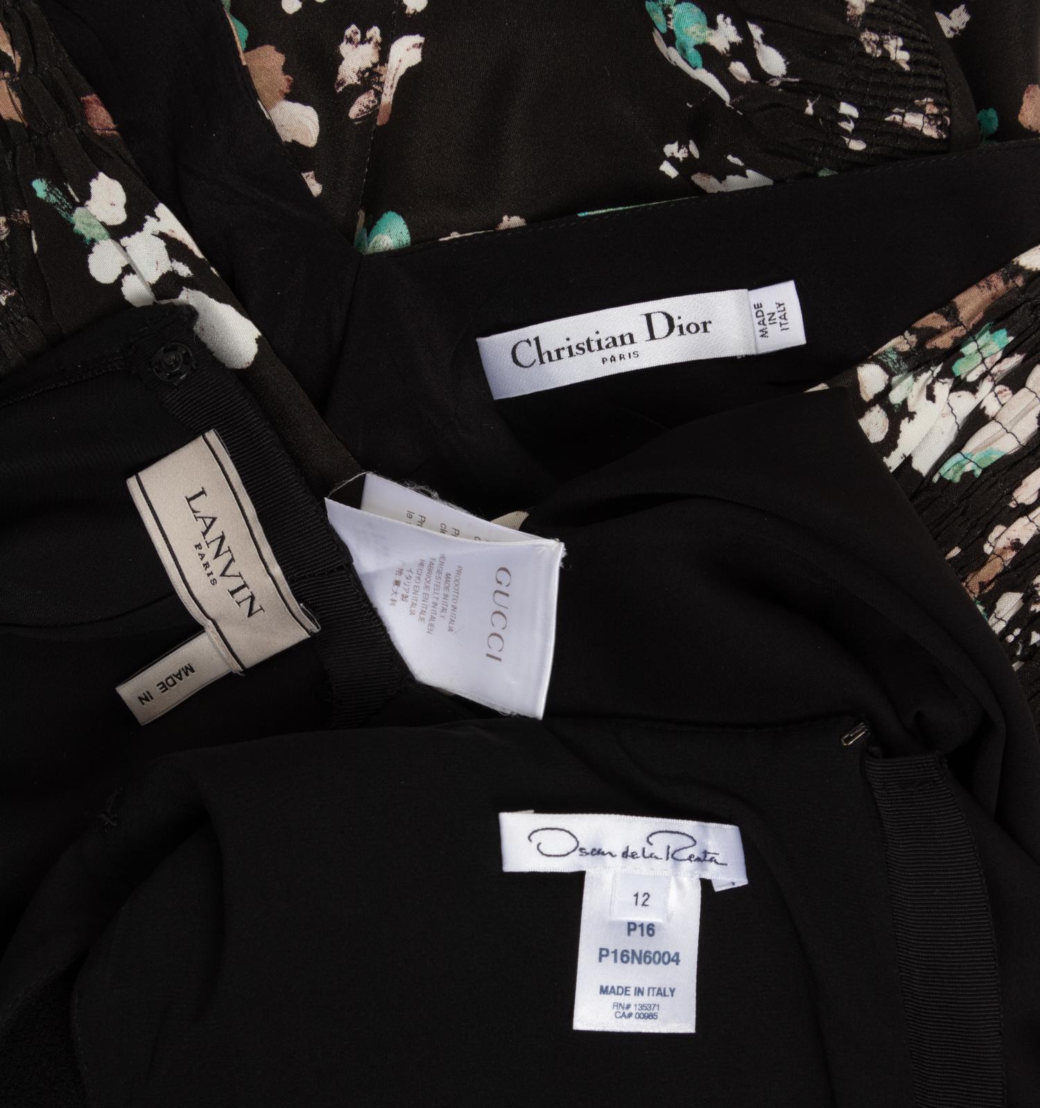 Four Dresses and One Jumpsuit: One Christian Dior, One Gucci, One Attributed to Dior, One Oscar de la Renta, and One Lanvin Jumpsuit