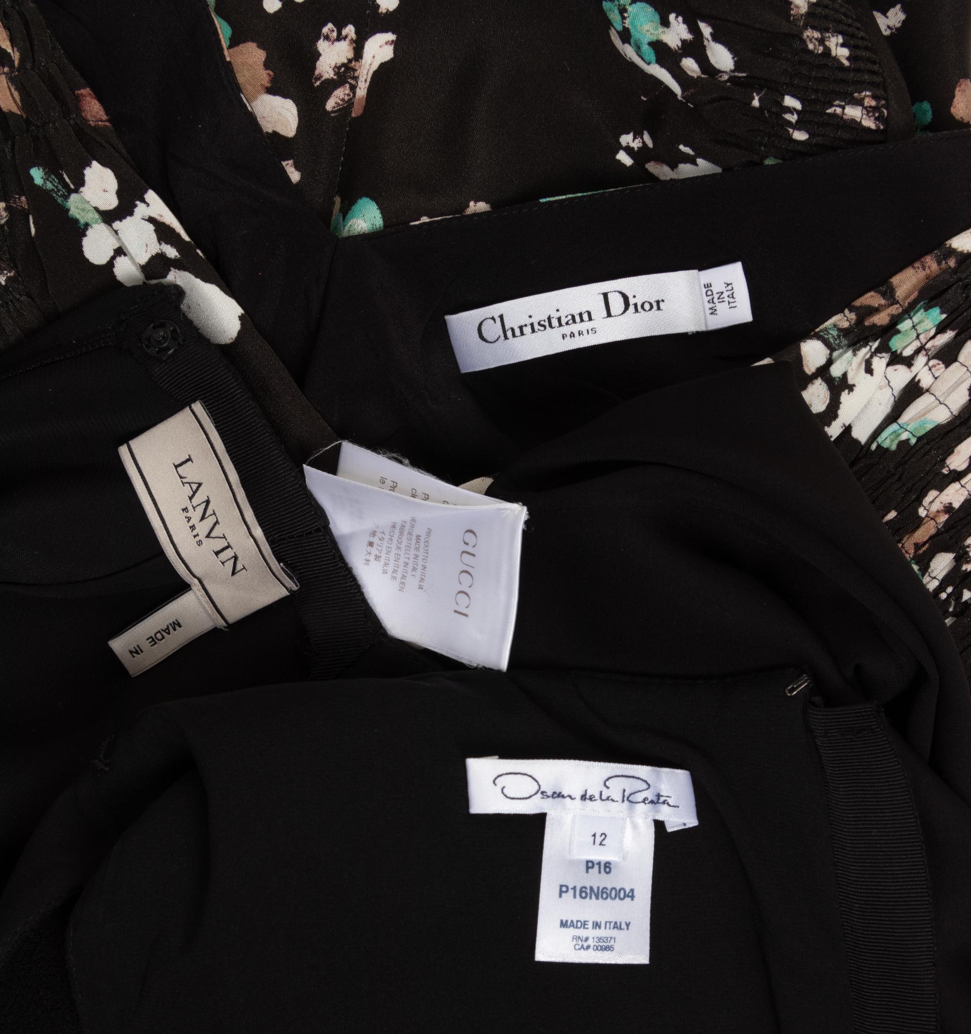 Four Dresses and One Jumpsuit: One Christian Dior, One Gucci, One Attributed to Dior, One Oscar de la Renta, and One Lanvin Jumpsuit