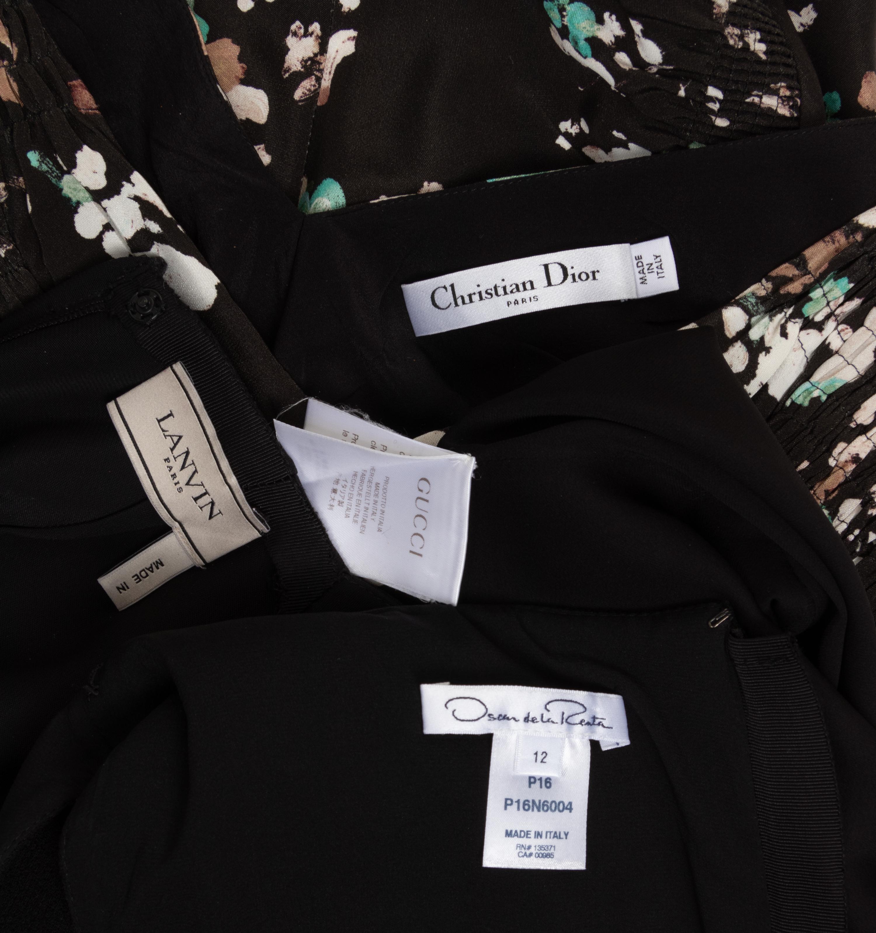 Four Dresses and One Jumpsuit: One Christian Dior, One Gucci, One Attributed to Dior, One Oscar de la Renta, and One Lanvin Jumpsuit