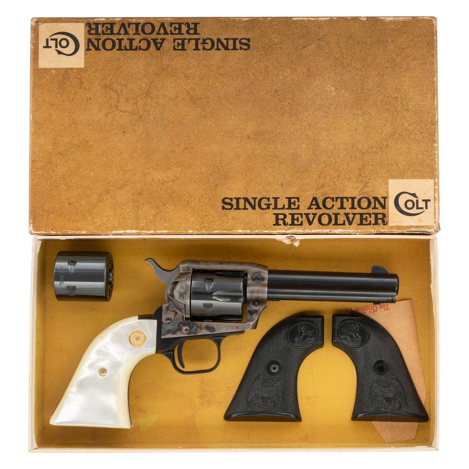 *Blued Colt 4.4" Peacemaker .22 Dual Cylinder Revolver in Box with Extra Grips