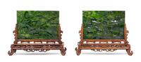 A Pair of Carved Spinach Jade Inset Hardwood Table Screens Height of each 13 1/4 x length 14 1/4 inches. — 20TH CENTURY