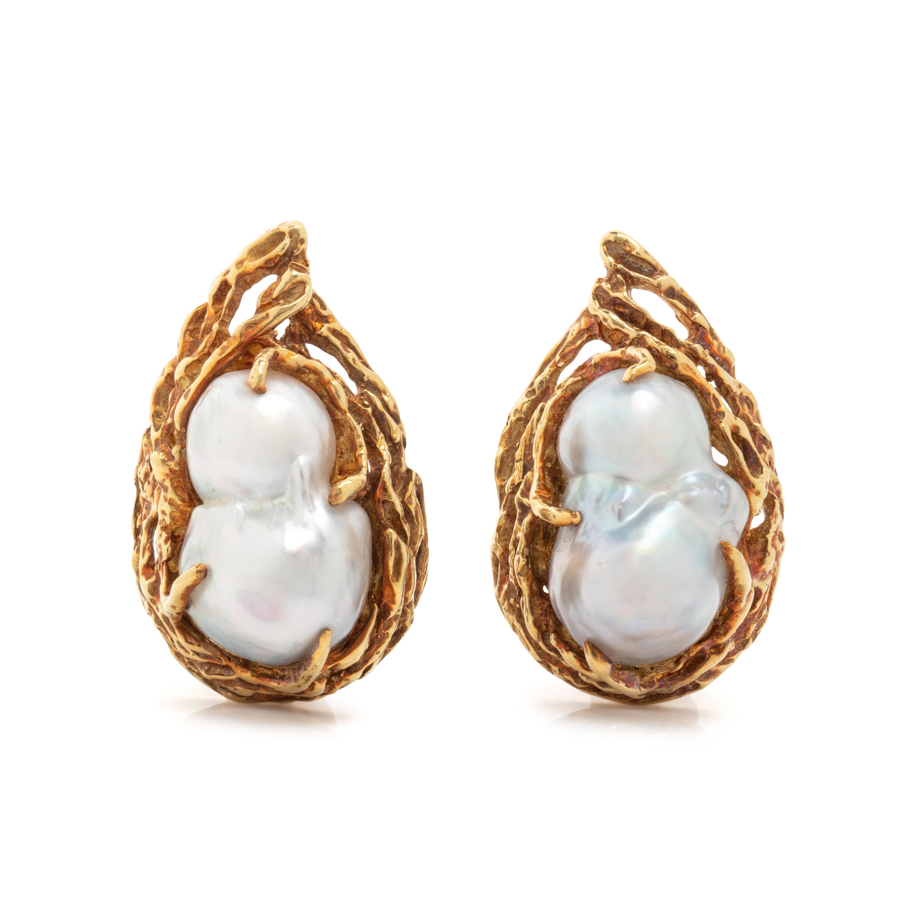 ARTHUR KING, BAROQUE CULTURED PEARL AND GOLD EARRINGS