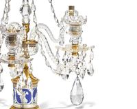 A Pair of George III Neoclassical Colorless Cut-Glass, Jasperware, and Gilt-Metal Girandoles