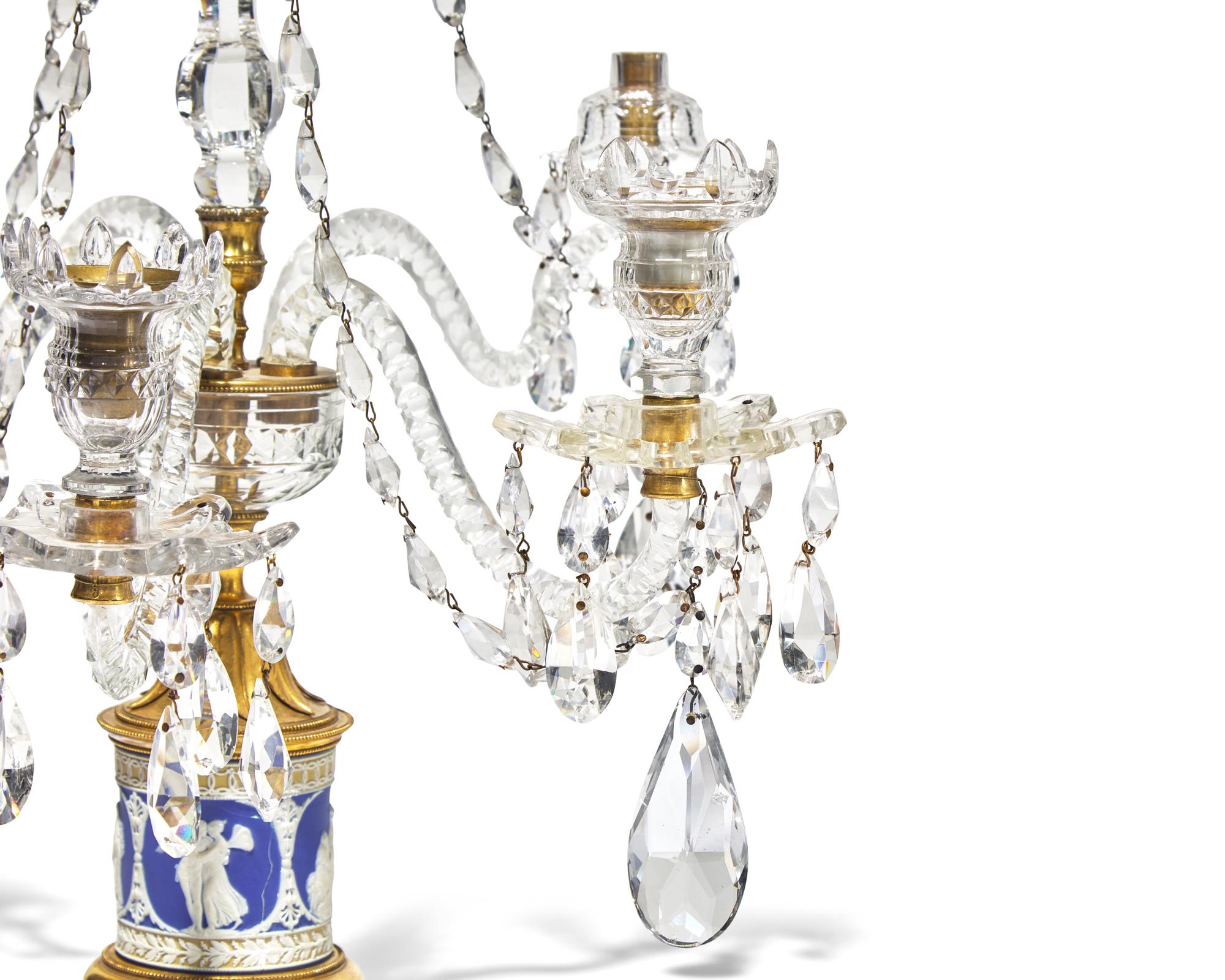 A Pair of George III Neoclassical Colorless Cut-Glass, Jasperware, and Gilt-Metal Girandoles