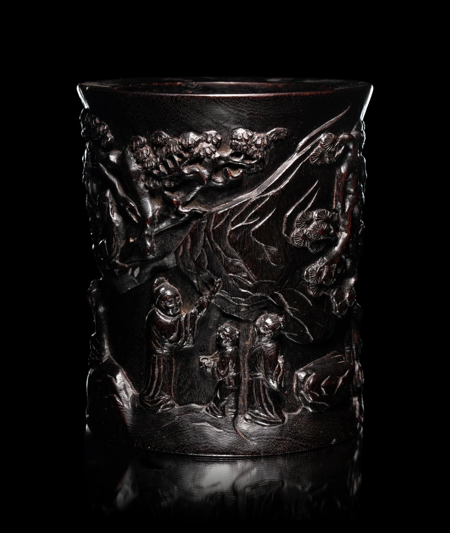 Two Chinese Carved Hardwood Brushpots, Bitong