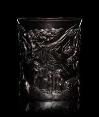 Two Chinese Carved Hardwood Brushpots, Bitong