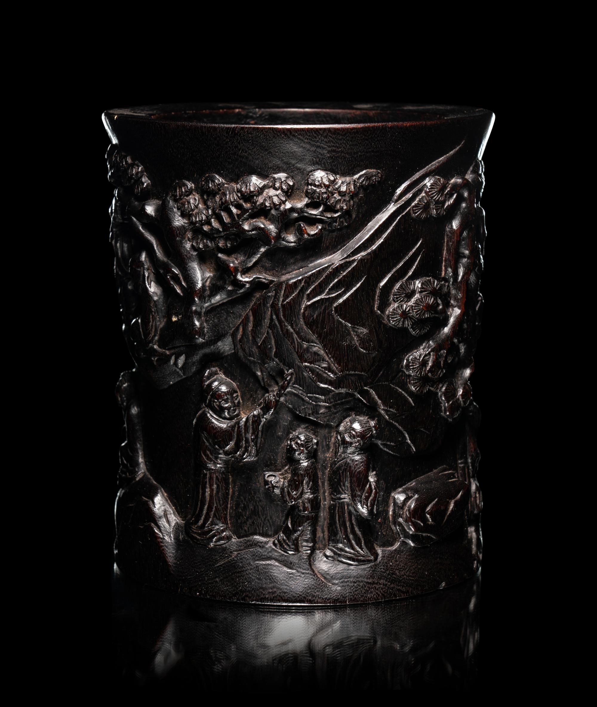 Two Chinese Carved Hardwood Brushpots, Bitong