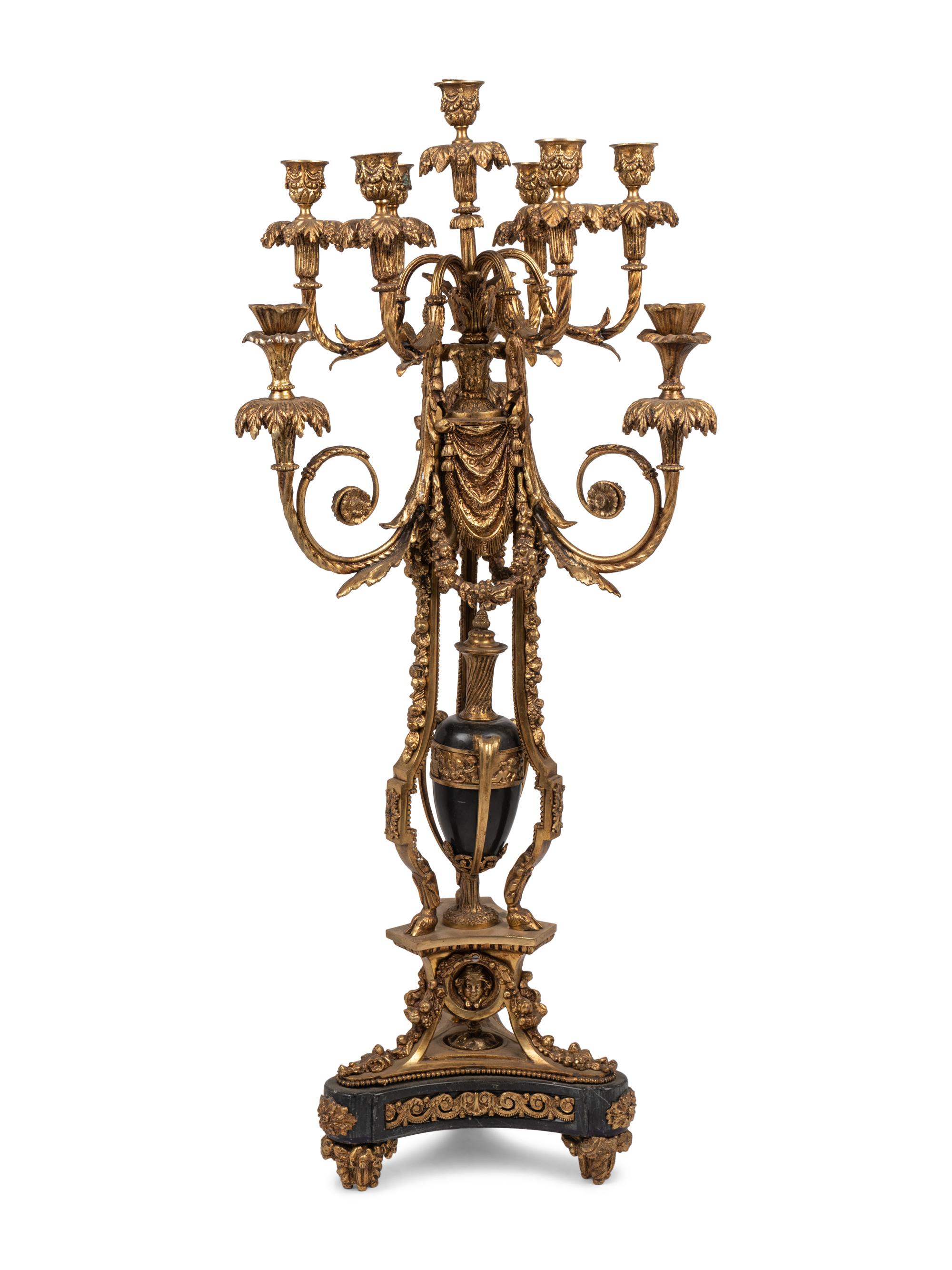 A Louis XV Style Gilt Bronze and Marble Ten-Light Candelabrum