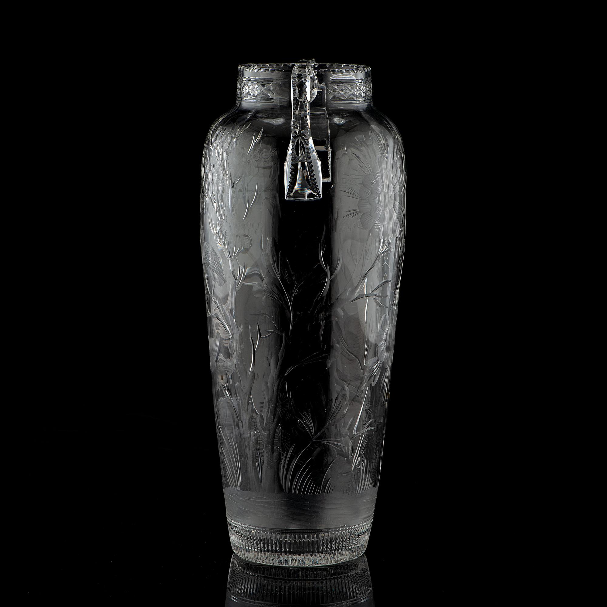 A Copper Wheel and Intaglio-Cut Glass Double Handle Vase