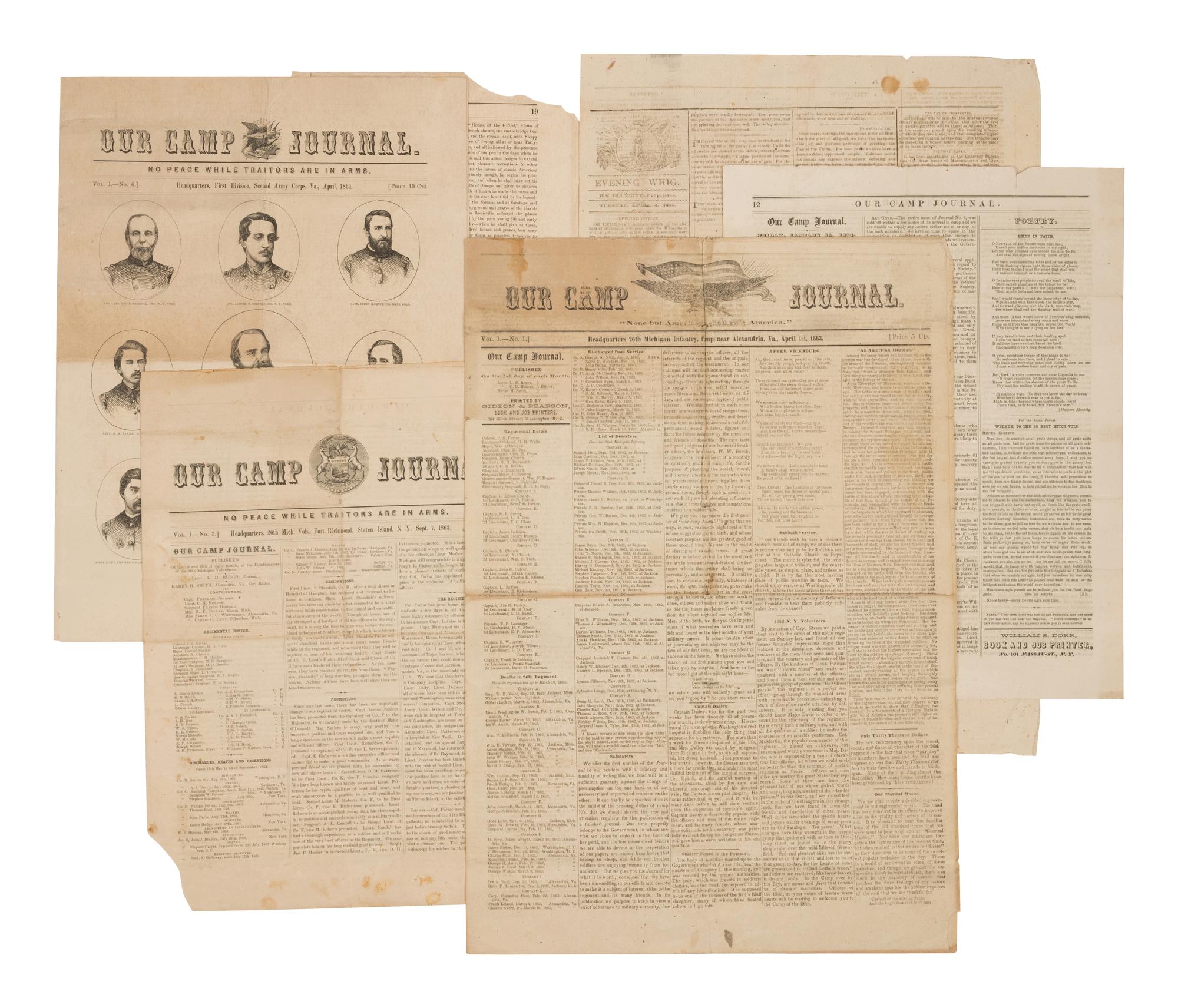 [NEWSPAPER]. Our Camp Journal . Vol 1, Nos. 1 (April 1, 1863), 3 (September 7, 1863); 5 (January 15, 1864), and 6 (April, 1864). Various places.