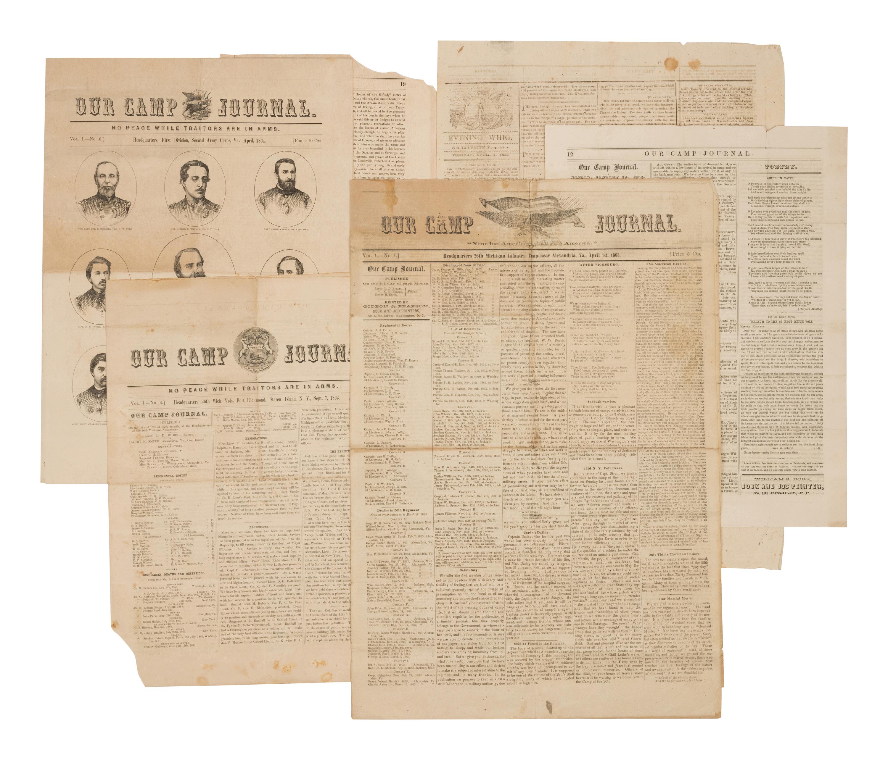 [NEWSPAPER]. Our Camp Journal . Vol 1, Nos. 1 (April 1, 1863), 3 (September 7, 1863); 5 (January 15, 1864), and 6 (April, 1864). Various places.