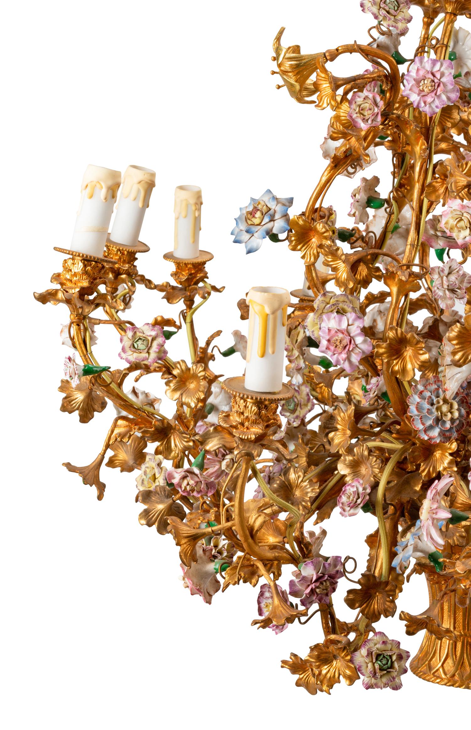 A Louis XV Style Gilt Bronze and Porcelain Basket-Form Chandelier
