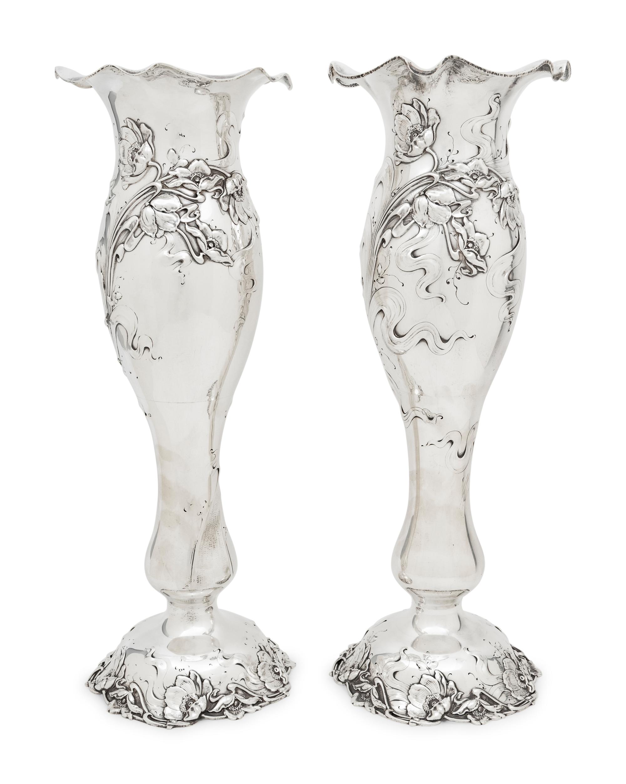 A Large Pair of American Silver Vases