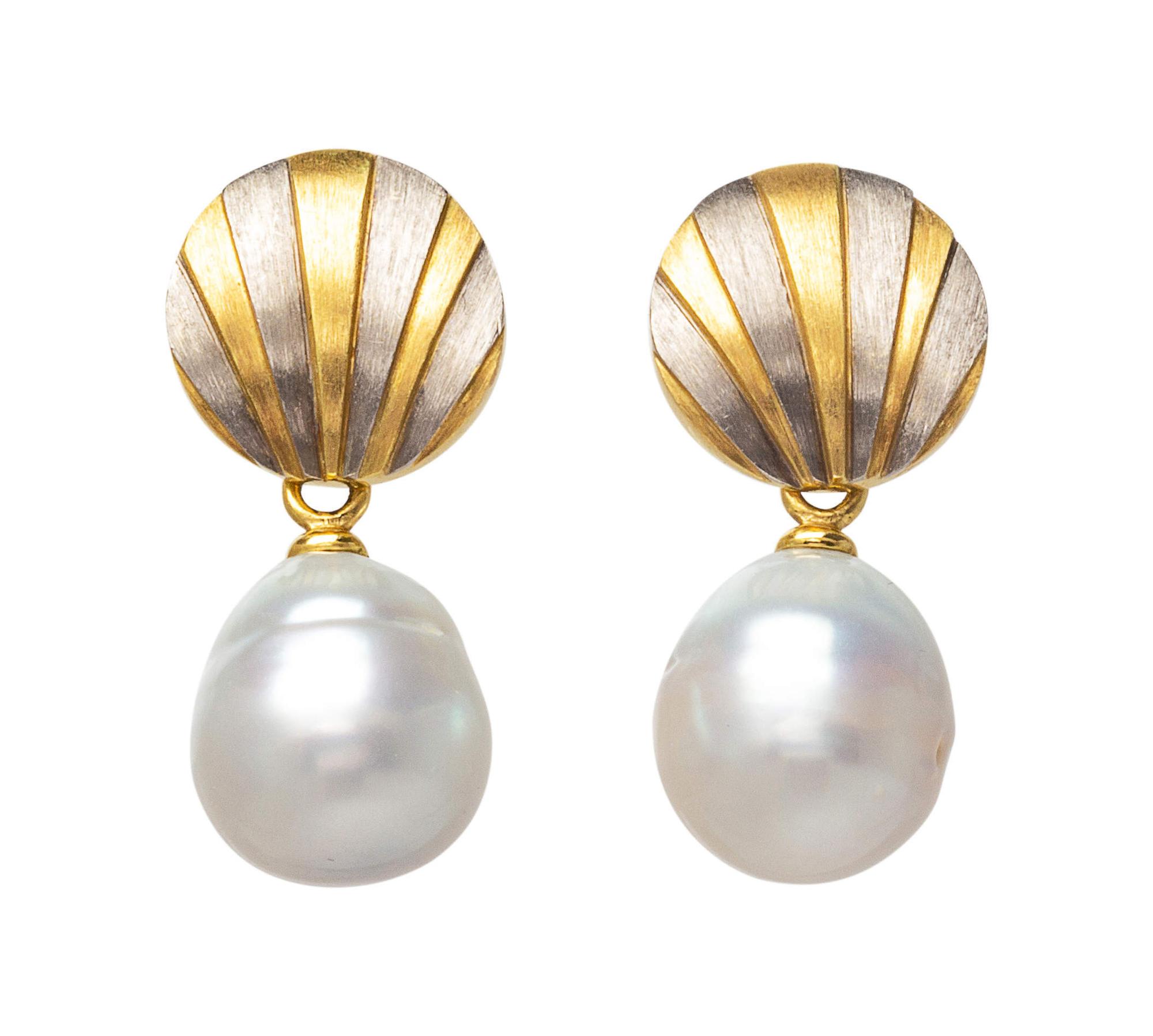 A Pair of Bicolor Gold and Cultured Pearl Drop Earrings,