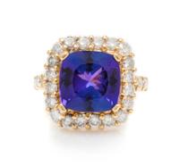 A 14 Karat Yellow Gold, Tanzanite and Diamond Ring, 4.20 dwts.