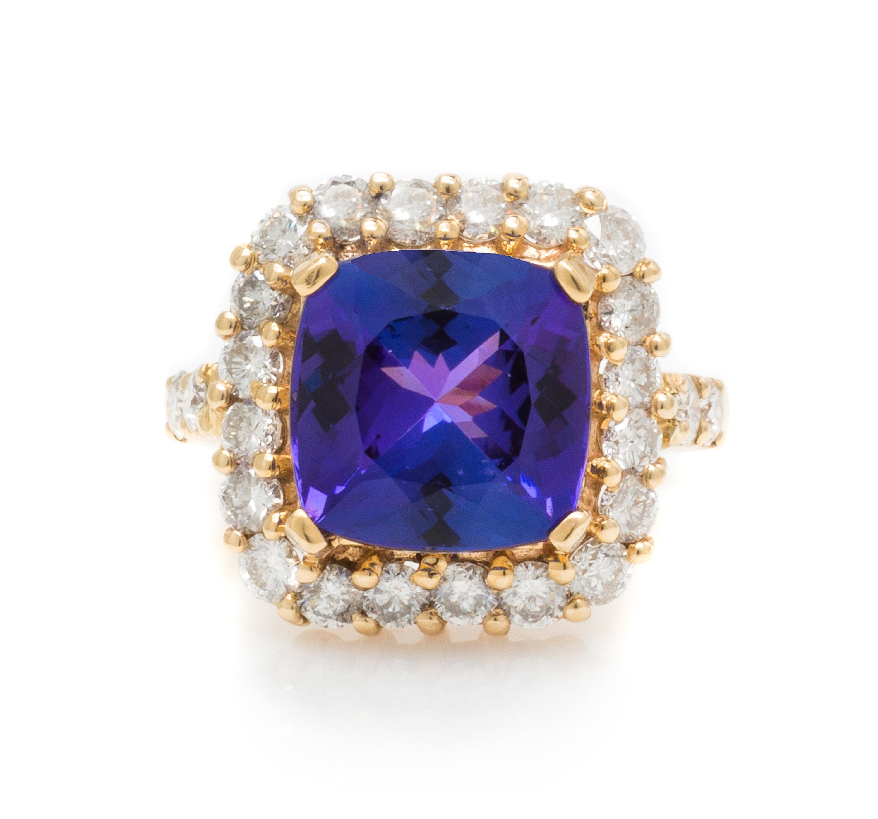 A 14 Karat Yellow Gold, Tanzanite and Diamond Ring, 4.20 dwts.