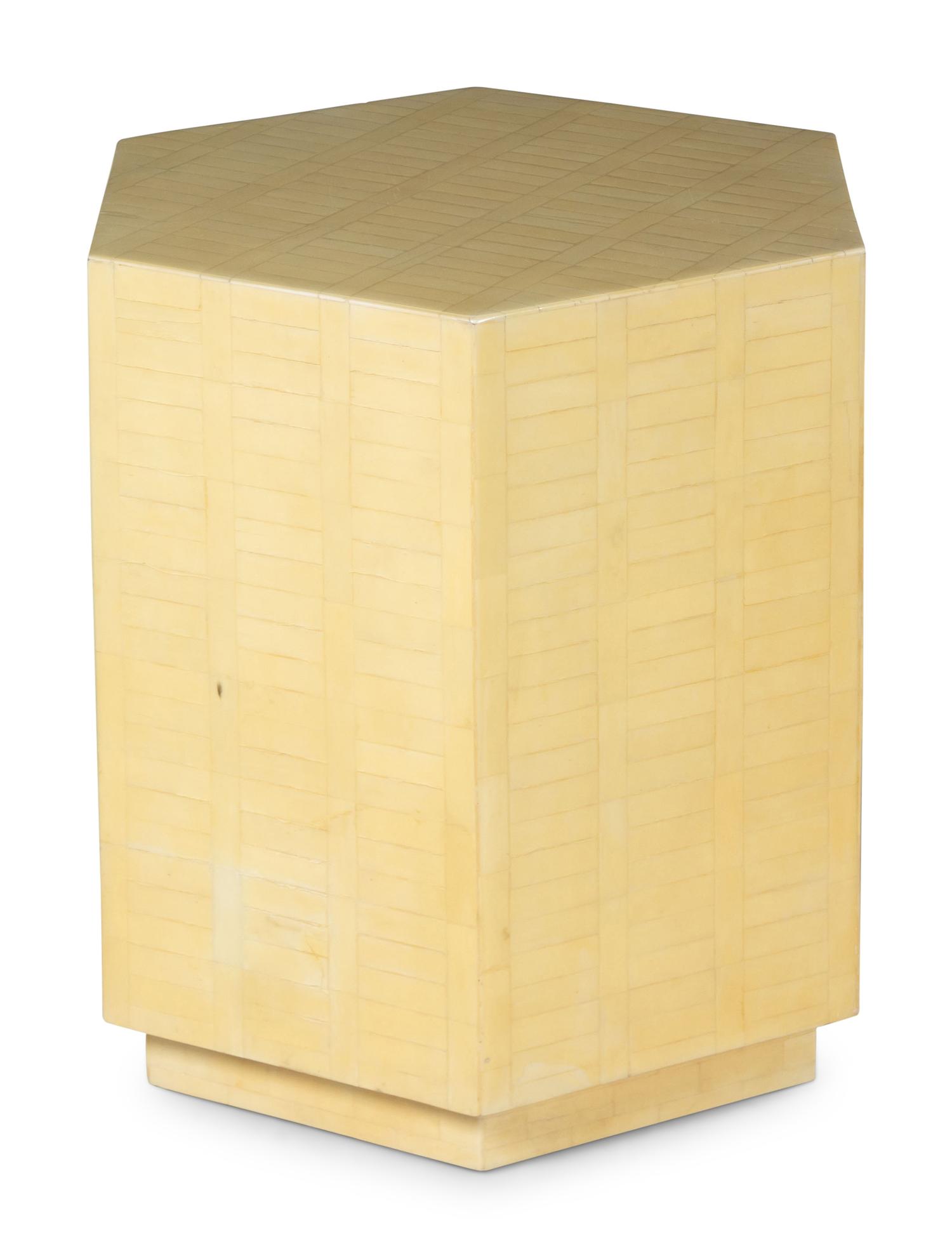 A Hexagonal Faux Bone-Veneered Pedestal Table in the Style of Karl Springer