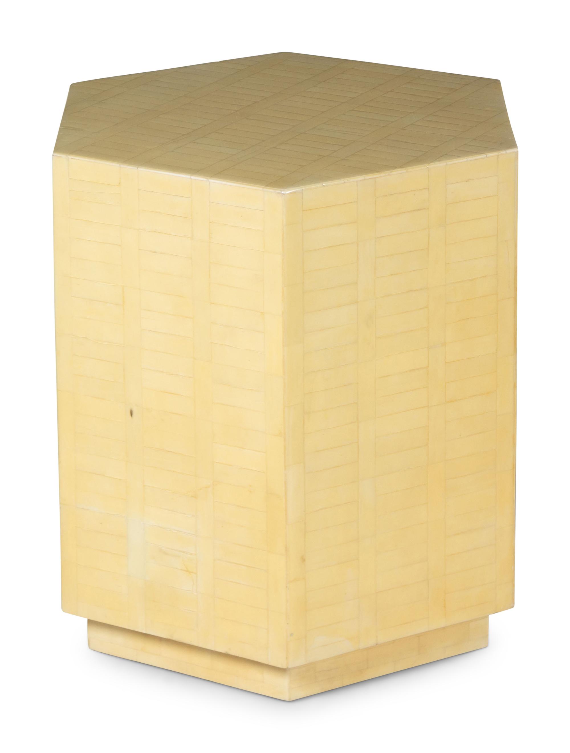 A Hexagonal Faux Bone-Veneered Pedestal Table in the Style of Karl Springer